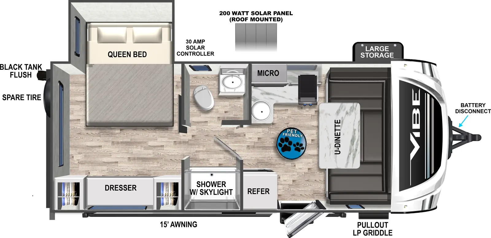 The 17RS has one slideout and one entry. Exterior features battery disconnect, front storage, pull-out LP griddle, 15 foot awning, spare tire, black tank flush, 30 amp solar controller, and 200 watt roof-mounted solar panel. Interior layout front to back: front u-dinette; off-door side kitchen counter with cooktop, microwave, and wraps to inner wall with sink; door side entry and refrigerator; split full bathroom with door side shower with skylight, and off-door side toilet and sink; rear bedroom with off-door side queen bed slideout, and door side dresser. Pet Friendly RV.